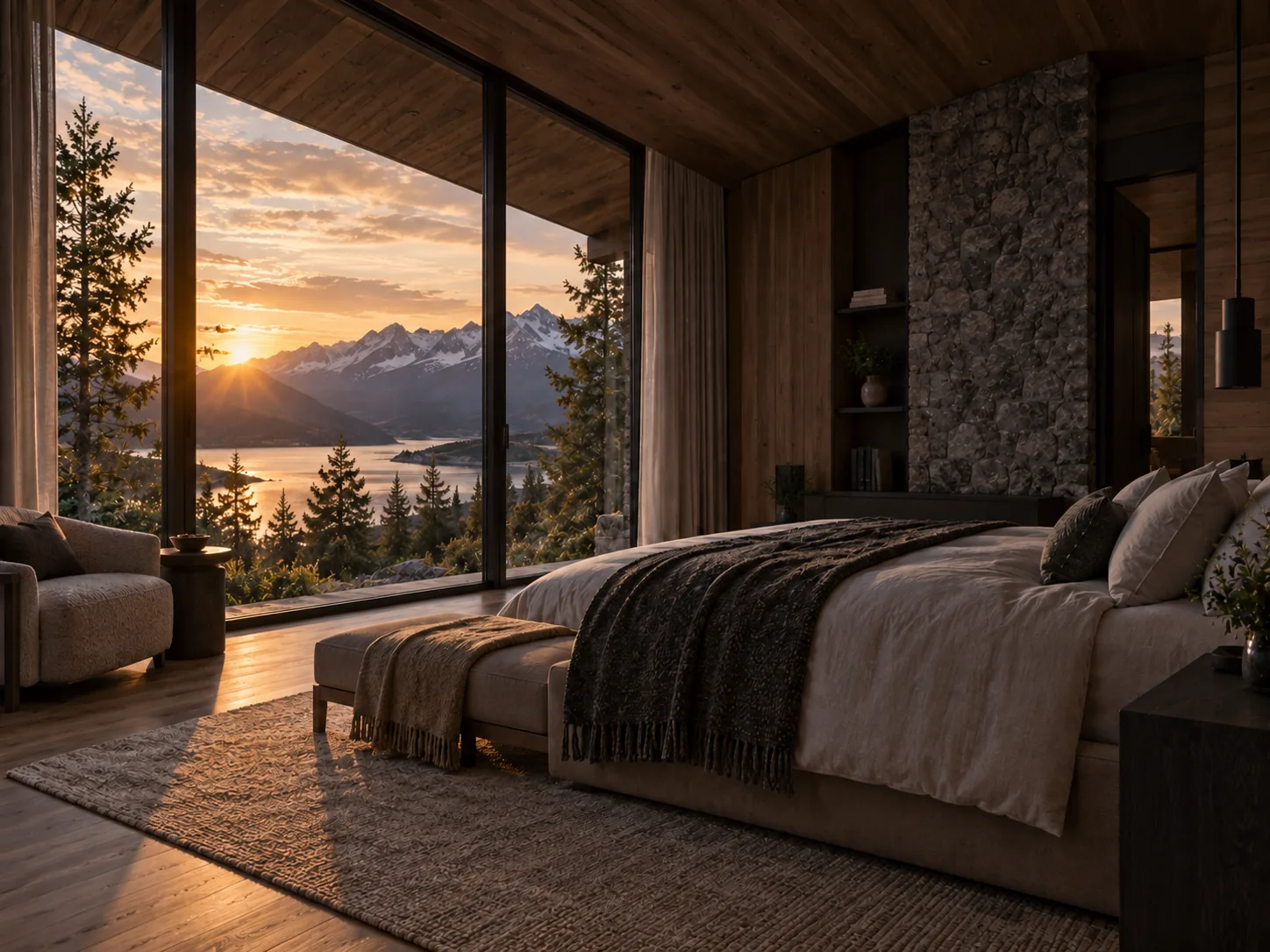 Dormitorio con ventanal al lago y la cordillera, con luces y cortinas automatizadas
